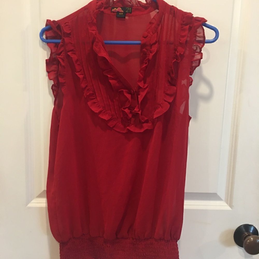 Medium red sleeveless tank blouse sheet ruffle shirt